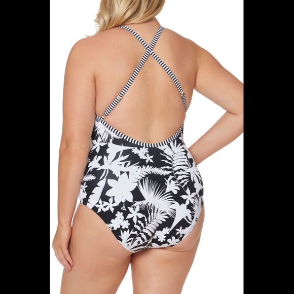 NEW Bleu Rod Beattie‎ [ 16W ] Tropical Oasis One Piece Swimsuit Black White - Picture 11 of 12